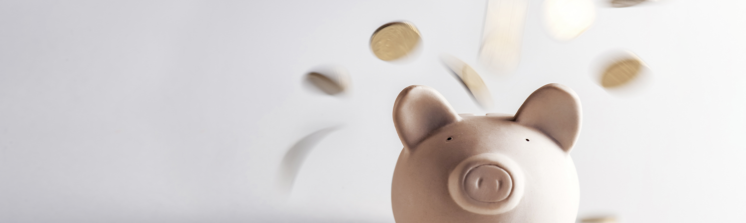 Piggybank with coins beside it